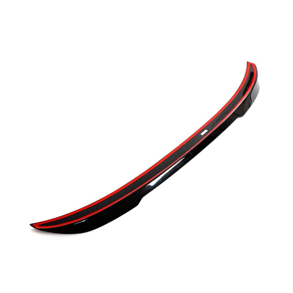 Dry carbon fiber rear trunk spoiler for BMW F30, F35 3 Series, and F80 M3 by K2 Industries, showcasing sleek aerodynamic design.