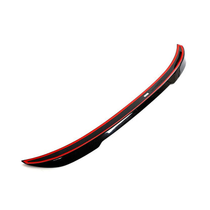 Dry carbon fiber rear trunk spoiler for BMW F30, F35 3 Series, and F80 M3 by K2 Industries, showcasing sleek aerodynamic design.