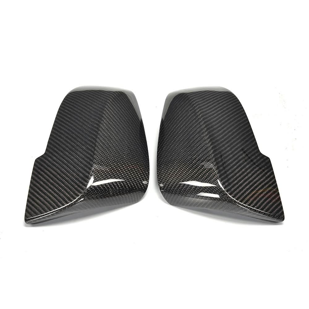 K2 Industries carbon fiber mirror covers for BMW F10 F11 F18 5 Series, 2014–2016, in performance style showing installation details