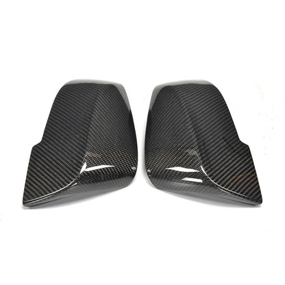 K2 Industries carbon fiber mirror covers for BMW F10 F11 F18 5 Series, 2014–2016, in performance style showing installation details