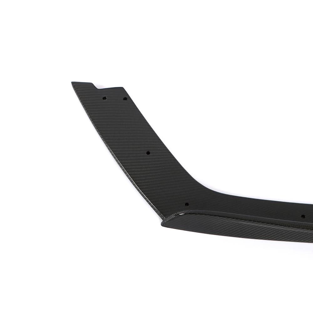 Gloss carbon fiber front splitter for BMW F80 M3 and F82 F83 M4, K2 Industries performance style, designed for aerodynamic enhancement.