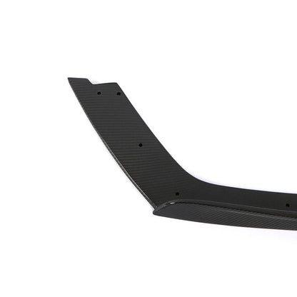 Gloss carbon fiber front splitter for BMW F80 M3 and F82 F83 M4, K2 Industries performance style, designed for aerodynamic enhancement.