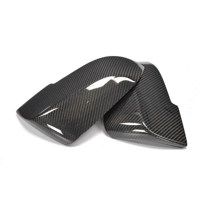 Full replacement carbon fiber mirror covers for BMW F10 F11 F18 5 Series by K2 Industries, showing sleek performance style design.