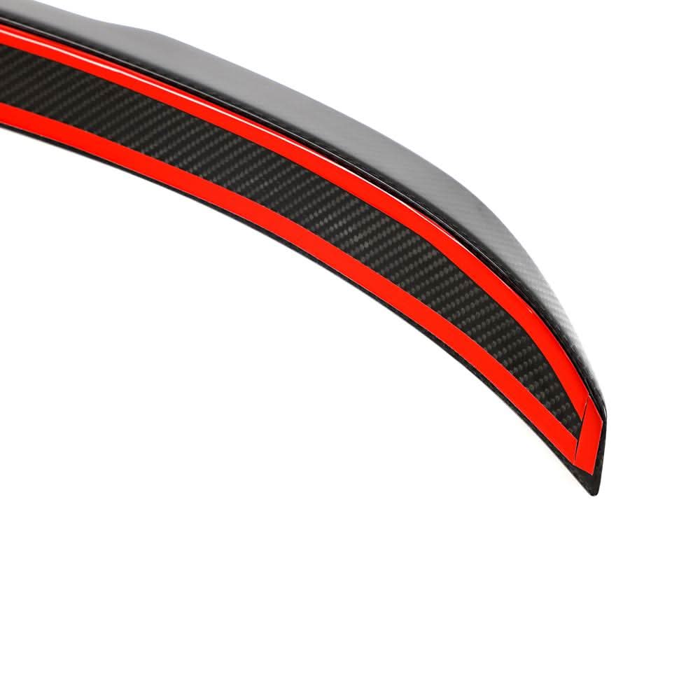 Dry carbon fiber rear trunk spoiler for BMW F30, F35 3 Series and F80 M3, featuring sleek carbon fiber design by K2 Industries.