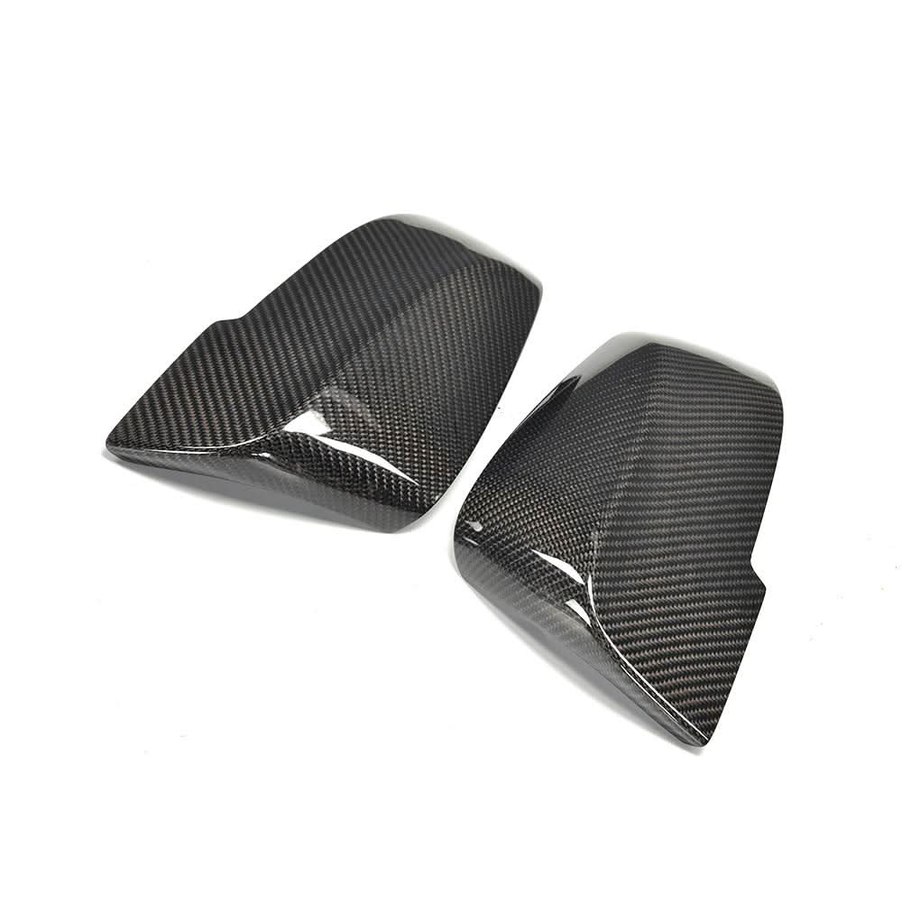 K2 Industries carbon fiber mirror covers for BMW F10 F11 F18 5 Series 2014-2016, performance style, close-up view of mirror covers.