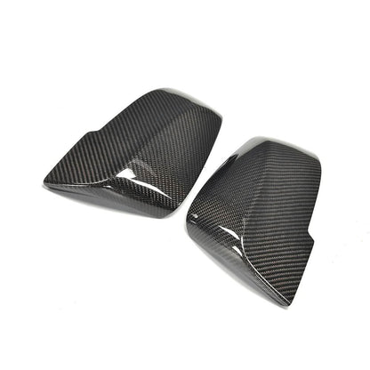 K2 Industries carbon fiber mirror covers for BMW F10 F11 F18 5 Series 2014-2016, performance style, close-up view of mirror covers.