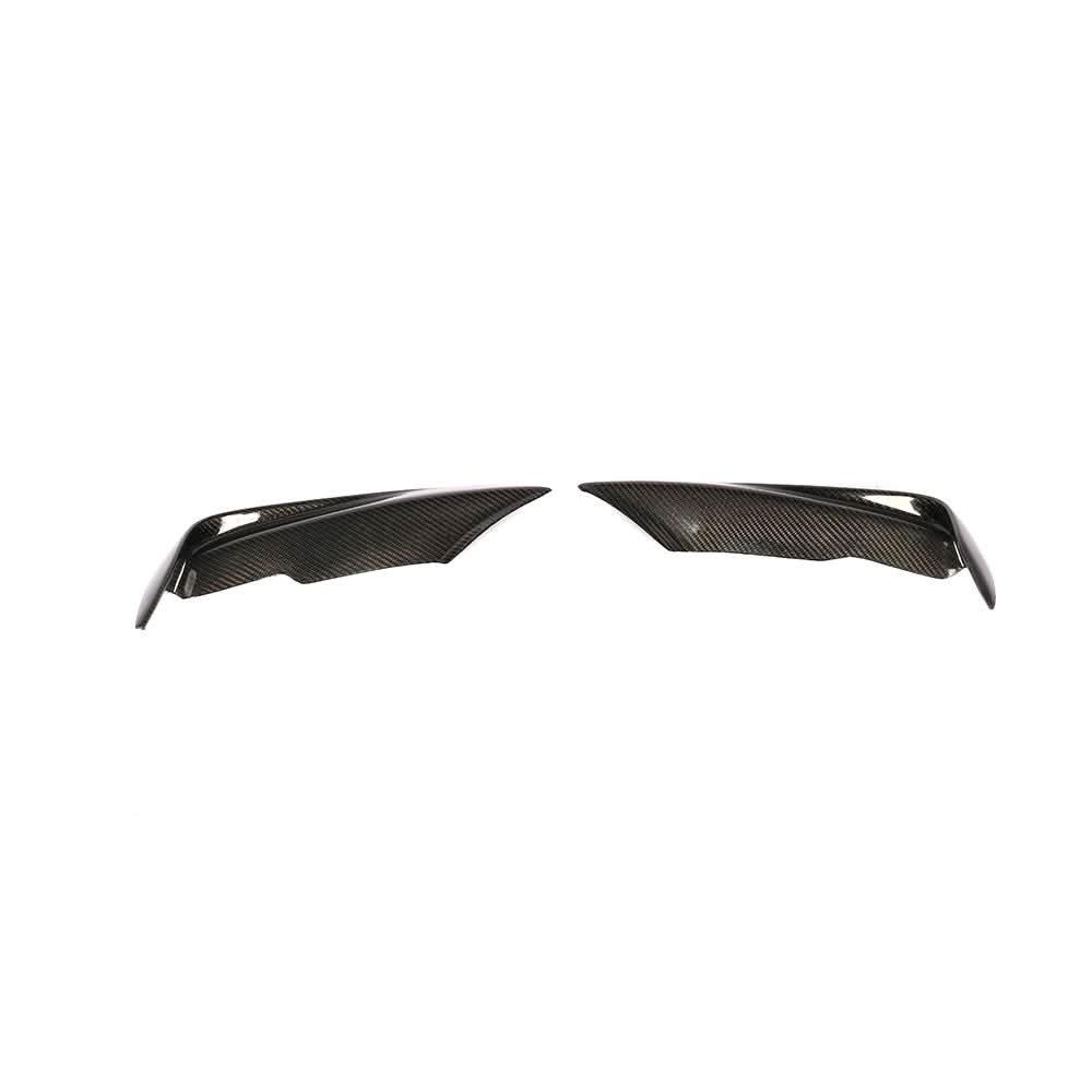 Carbon fiber fog light splitter canards for BMW F30/F31/F35 M Sport front bumper, sleek aerodynamic design by K2 Industries.