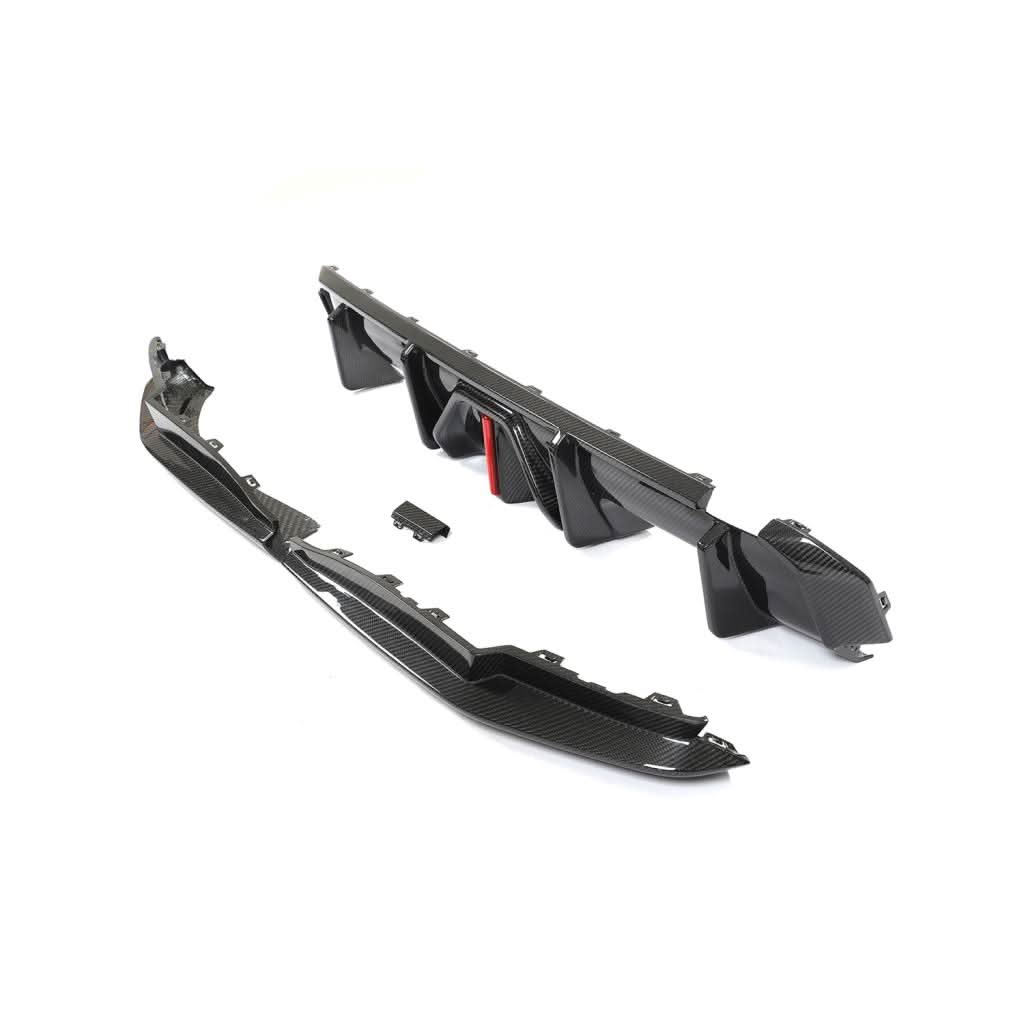 Carbon fiber rear diffuser for BMW G80 M3 and G82 G83 M4 Competition by K2 Industries, showcasing sleek aerodynamic design.