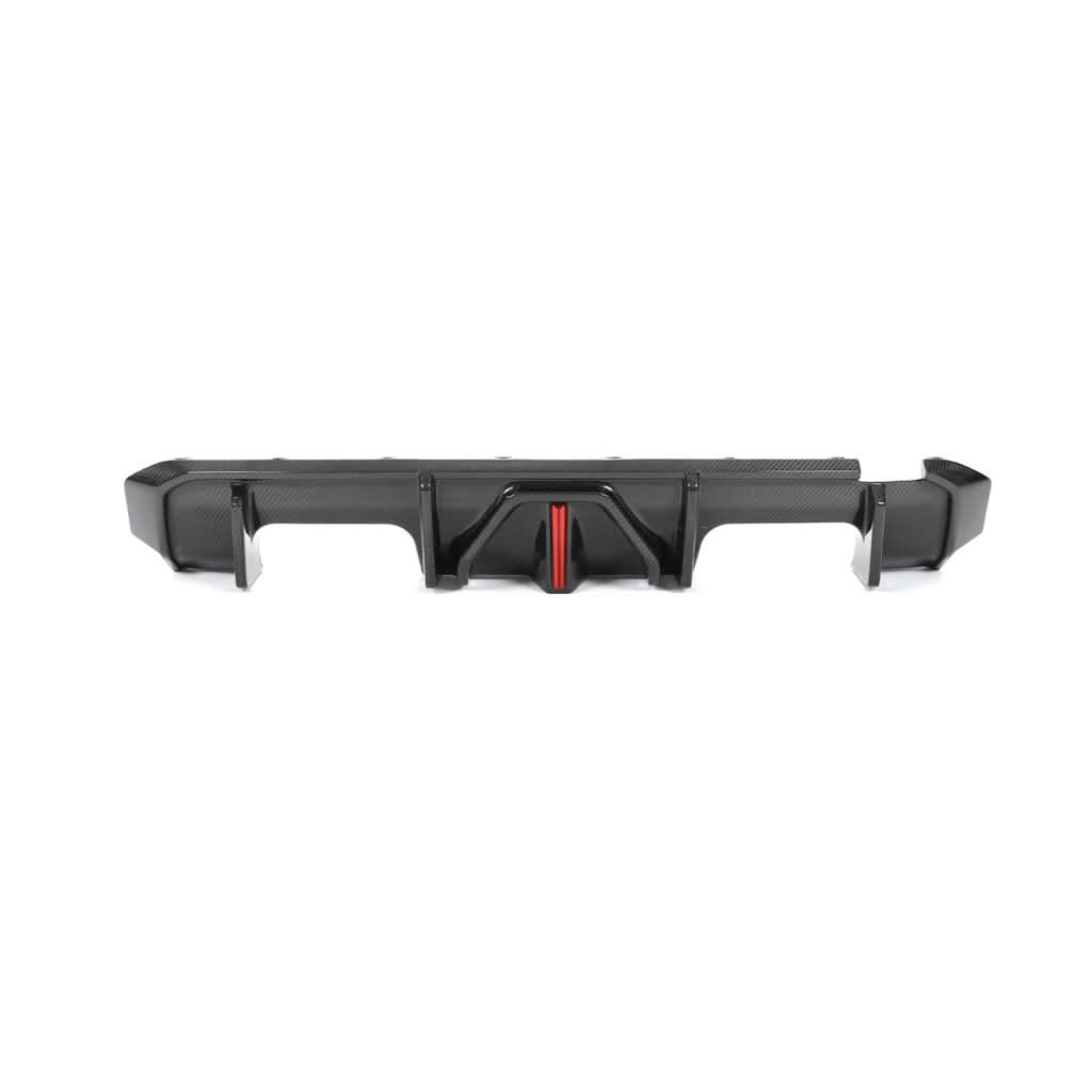BMW G80 M3 and G82 G83 M4 Competition dry carbon fiber rear diffuser by K2 Industries, showcasing its sleek aerodynamic design.