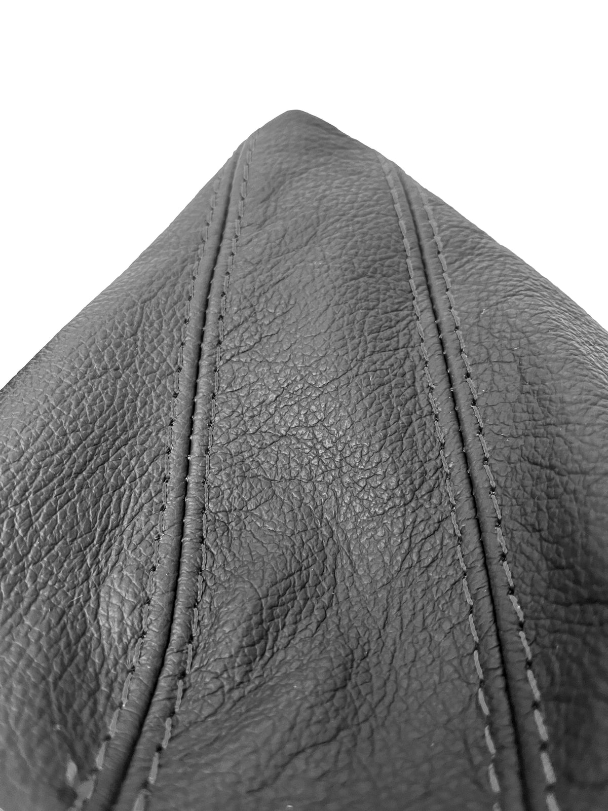 Black genuine leather BMW E91 E92 E93 shift and handbrake boot cover with gray stitching, designed for 2005-2013 models.