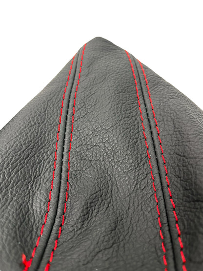 BMW E91 E92 E93 genuine leather shift and handbrake boot cover with red stitch, designed for 2005-2013 models.