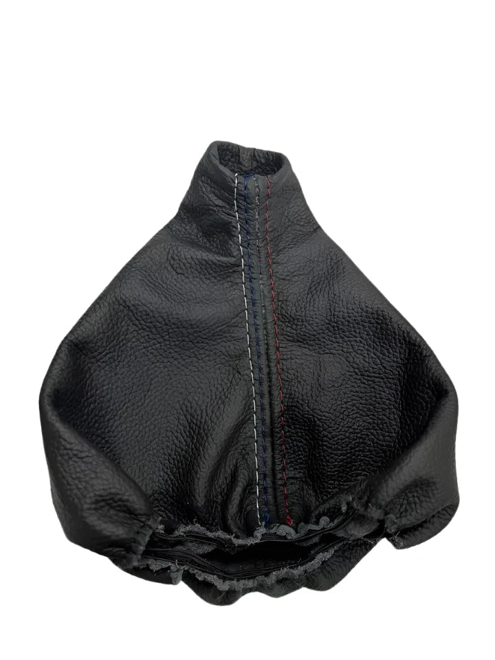 Black genuine leather shift boot cover for BMW E46 E36 M/Stitch, fits 1991-2005 BMW models, from JTS Custom Upholstery.