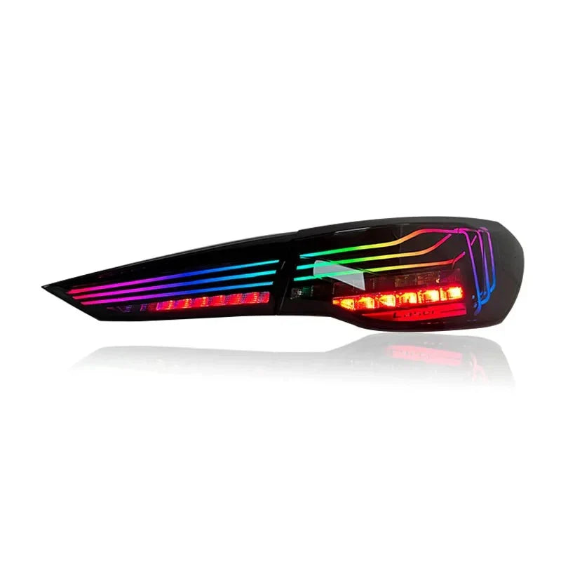 Vekto RGB CSL Style OLED tail lights for BMW G22 G23 G26 4 Series and G82 G83 M4, showcasing sleek design and vibrant lighting.