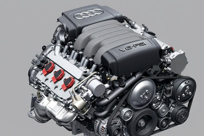 Audi EA837 V6 SUPERCHARGED engine with a black plastic valve cover featuring the Audi logo and 'V8 FSI' text, shown against a gray background with a red badge in the top left corner.
