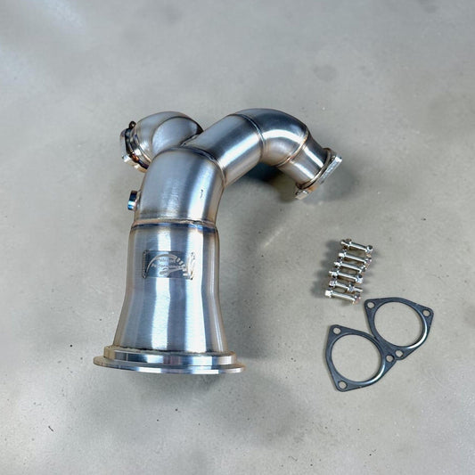 Palenon Performance racing downpipe for Audi S4 and S5 B9 and B9.5 3.0T engine, showing stainless steel construction and exhaust flange.