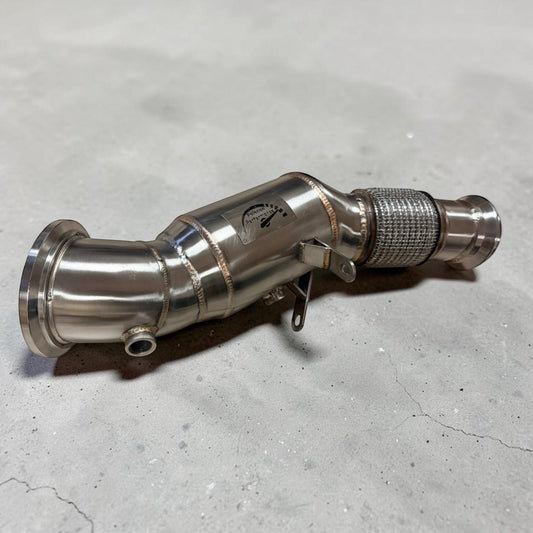 Palenon Performance B48 racing downpipe for BMW 120i, 220i, X3, and more, showcasing the stainless steel pipe with flange connection.