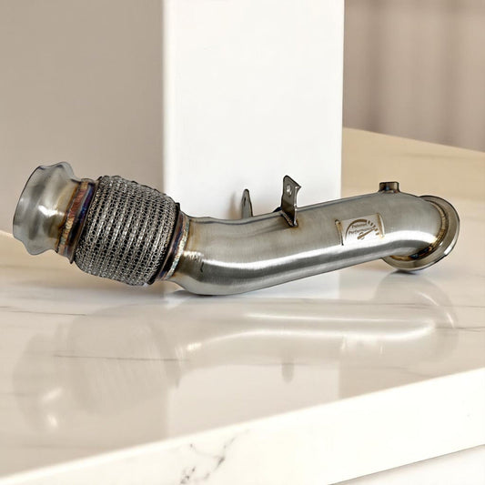 Palenon Performance B46 B48 Racing Downpipe for Supra 2.0T and BMW G/F chassis 120i to 730i, shown with polished metal pipe and fittings.