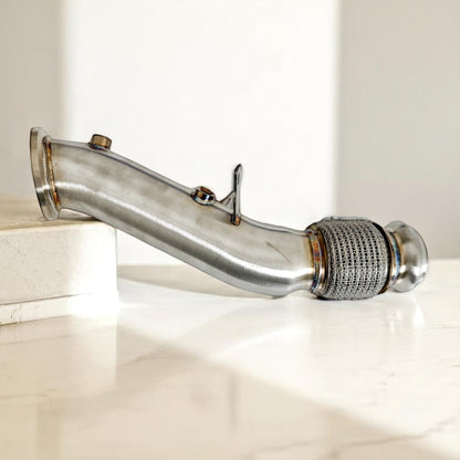 Palenon Performance B46 B48 Racing Downpipe for Supra 2.0T and BMW G/F chassis models, shown with metallic finish and custom welds.