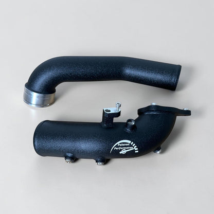 Palenon Performance B58 aluminum charge pipe for BMW and Toyota Supra, showcasing the polished, durable pipe with fittings and clamps.