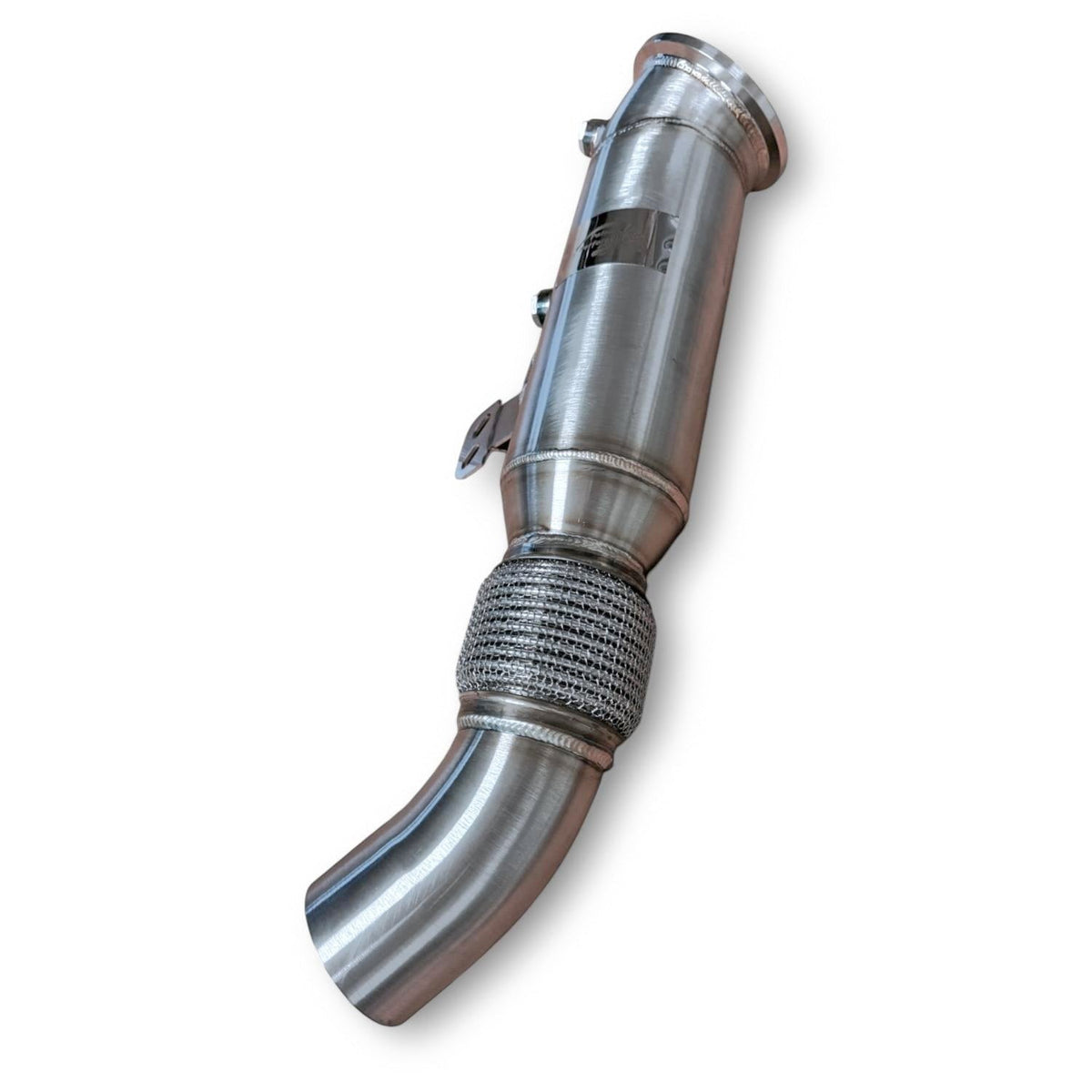 Palenon Performance B58 racing downpipe for BMW and Toyota Supra, showing the metallic pipe with flanges and welds.