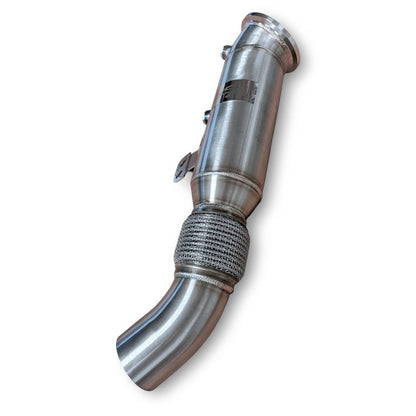 Palenon Performance B58 racing downpipe for BMW and Toyota Supra, showing the metallic pipe with flanges and welds.