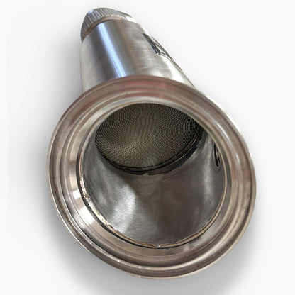 Palenon Performance B58 racing downpipe for BMW and Toyota Supra, showing the metallic pipe with welded joints and branded logo.