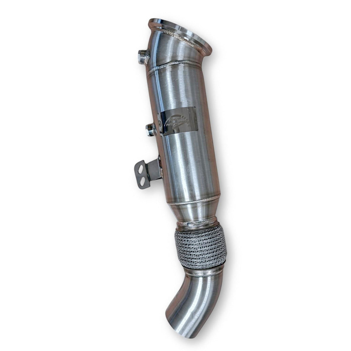 Palenon Performance B58 racing downpipe for BMW and Toyota Supra with twin exhaust outlets and high-performance construction.