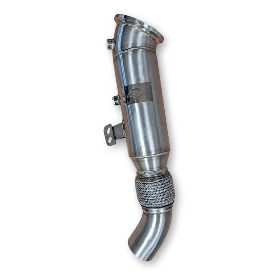 Palenon Performance B58 racing downpipe for BMW and Toyota Supra with twin exhaust outlets and high-performance construction.