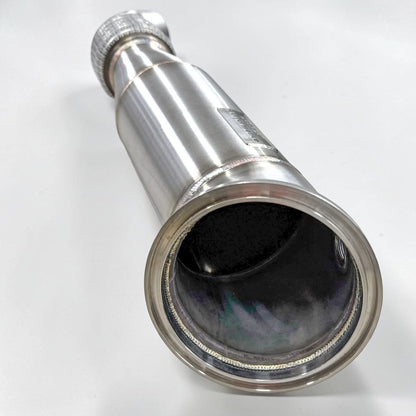 Palenon Performance B58 Racing Downpipe for BMW, featuring a sleek metal pipe with mounting flanges and exhaust connectors.