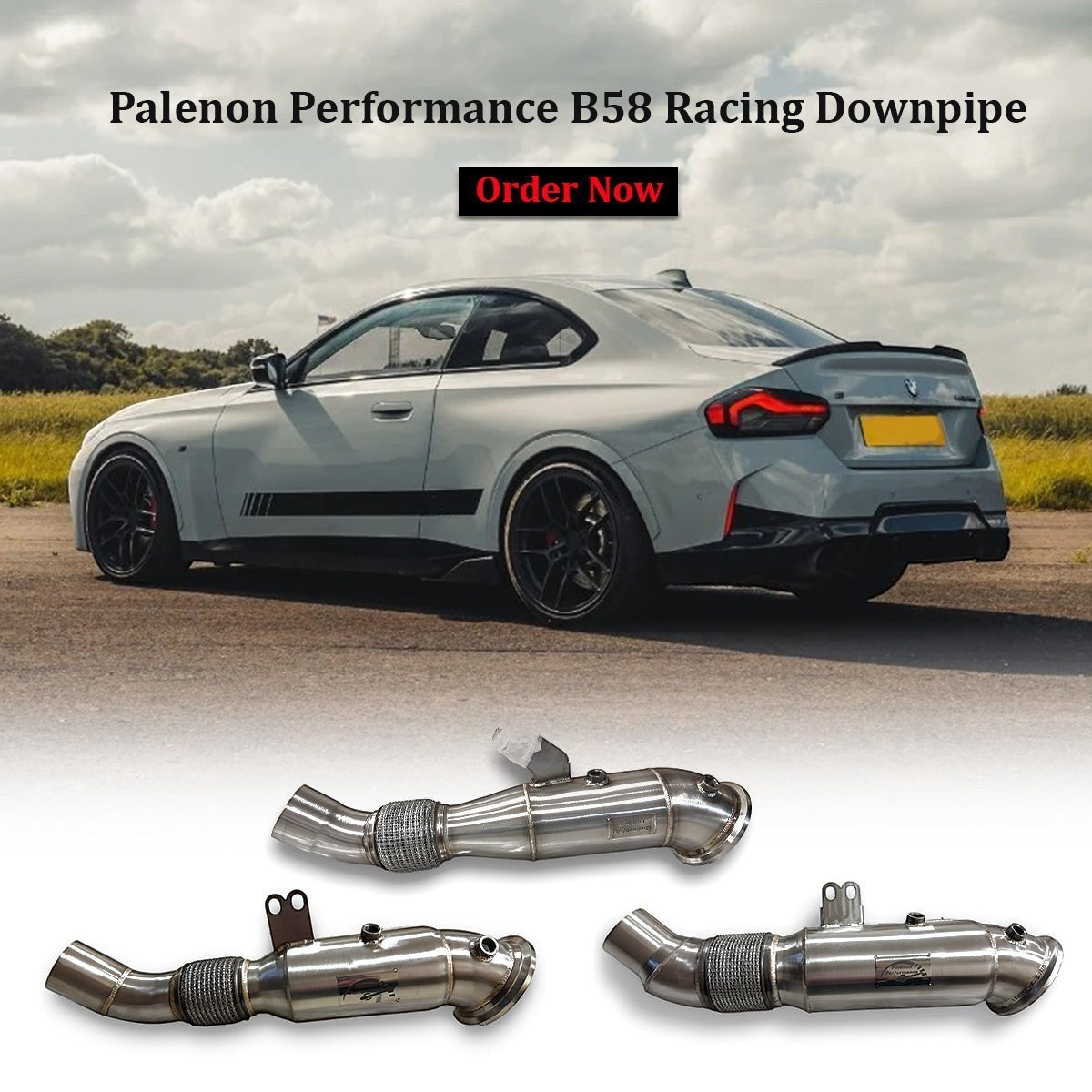 Palenon Performance B58 racing downpipe for BMW M340i, M440i, X5, and more, showing the polished metal exhaust component.