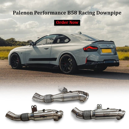 Palenon Performance B58 racing downpipe for BMW M340i, M440i, X5, and more, showing the polished metal exhaust component.