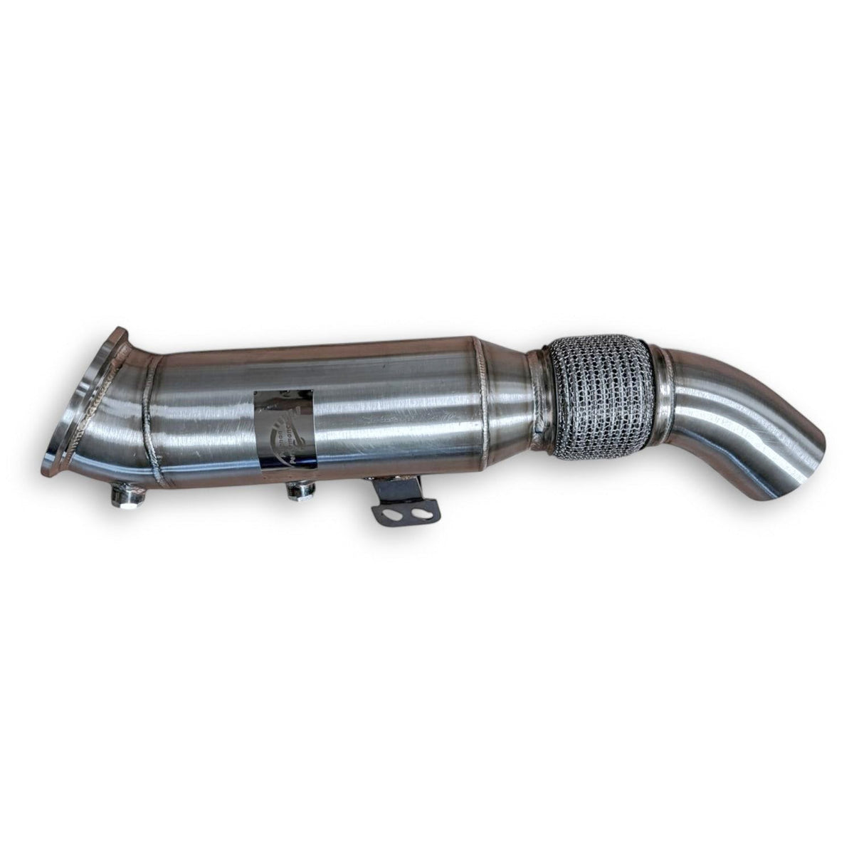 Palenon Performance B58 Racing Downpipe for BMW and Toyota Supra, showcasing polished stainless steel with flanged connections.