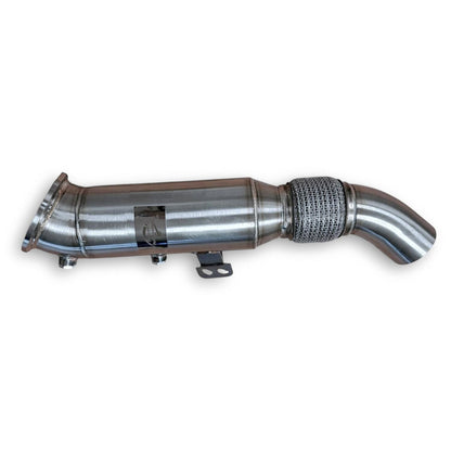 Palenon Performance B58 Racing Downpipe for BMW and Toyota Supra, showcasing polished stainless steel with flanged connections.