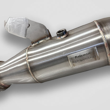 Palenon Performance B58 stainless steel racing downpipe for BMW M340i, M440i, X3, X5, and other BMW models, with polished finish.