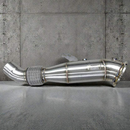 Palenon Performance B58 stainless steel racing downpipe for BMW M340i, M440i, X5, X7 with sleek exhaust design and branding details.