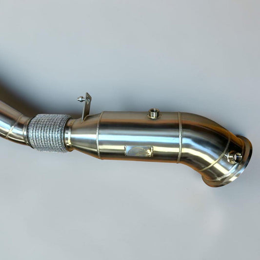 5-inch Gen 3 BMW B58TU2 racing downpipe by Palenon Performance for M340i, M440i, X5, X7, and other BMW models, with polished finish.