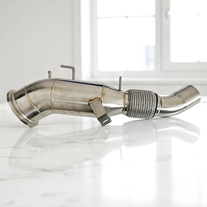 5-inch Gen 3 BMW B58TU2 racing downpipe by Palenon Performance showing a stainless steel exhaust component for BMW M340i, X5, and more.