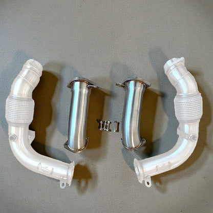 Palenon Performance S68 racing downpipes for BMW G90 G99 M5, showing polished stainless steel downpipe components.