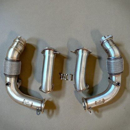 Palenon Performance S68 Racing Downpipes for BMW G90 G99 M5, showing polished stainless steel construction and connection points.
