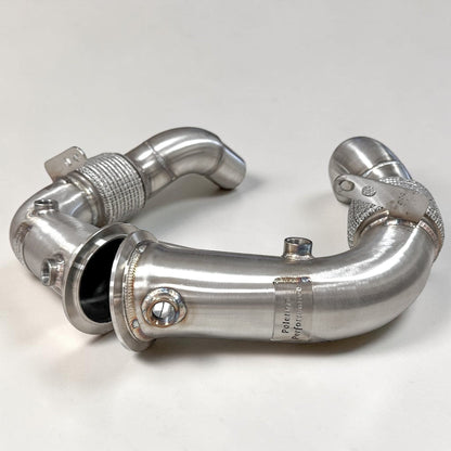 Palenon Performance stainless steel Race Downpipe for BMW F10 M5, F12 M6, F06, F13 M6 with S63 engine, showing polished pipe and flanges.