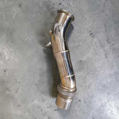 Stainless steel N55 downpipe for BMW 535i, 640i, 740i, X5, X6 by Palenon Performance, showcasing the polished exhaust component.