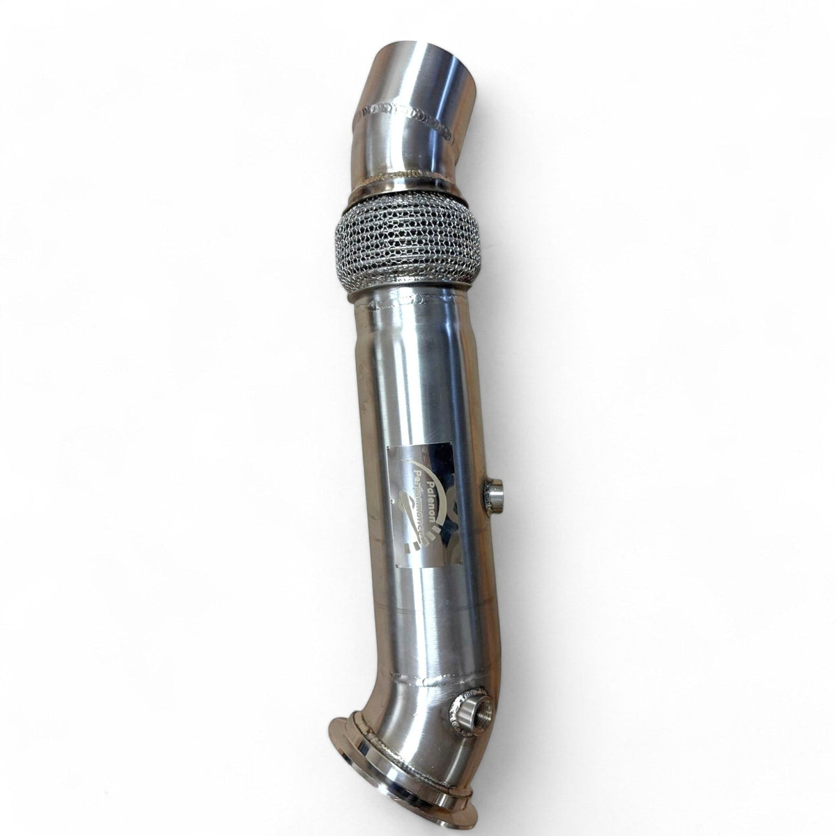 Stainless steel N55 downpipe for BMW 535i, 640i, 740i, X5, X6 by Palenon Performance, showing the exhaust pipe with mounting flanges.