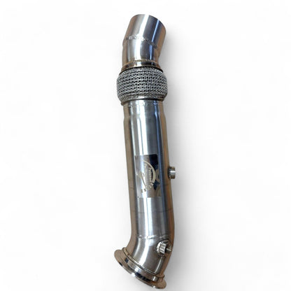 Stainless steel N55 downpipe for BMW 535i, 640i, 740i, X5, X6 by Palenon Performance, showing the exhaust pipe with mounting flanges.