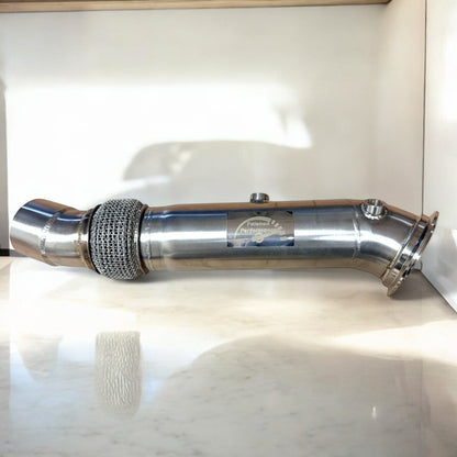 Palenon Performance stainless steel N55 downpipe for BMW 535i, 640i, 740i, X5, X6 F chassis, showing polished metal and flanges.