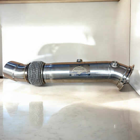Palenon Performance stainless steel N55 downpipe for BMW 535i, 640i, 740i, X5, X6 F chassis, showing polished metal and flanges.