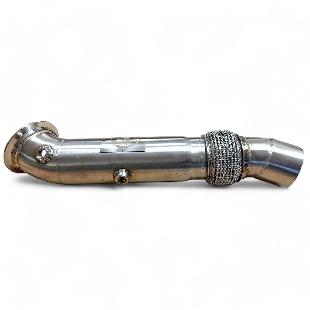Stainless steel N55 downpipe for BMW 535i, 640i, 740i, X5, X6 F chassis by Palenon Performance with welds and flanges visible.