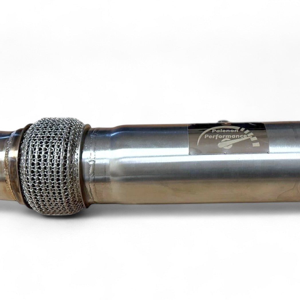 Stainless steel N55 downpipe for BMW 535i, 640i, 740i, X5, X6 by Palenon Performance, featuring dual inlet and exhaust ports.