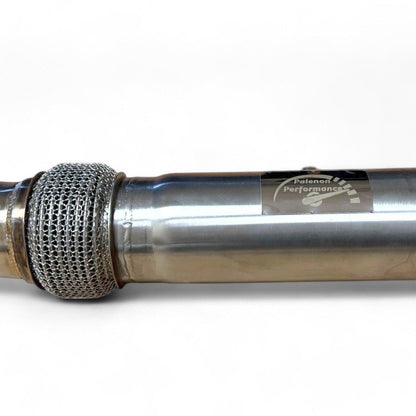 Stainless steel N55 downpipe for BMW 535i, 640i, 740i, X5, X6 by Palenon Performance, featuring dual inlet and exhaust ports.