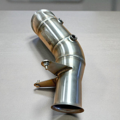 Stainless steel N55 racing downpipe by Palenon Performance for BMW 335i, 435i, M2, M135i, and M235i models.