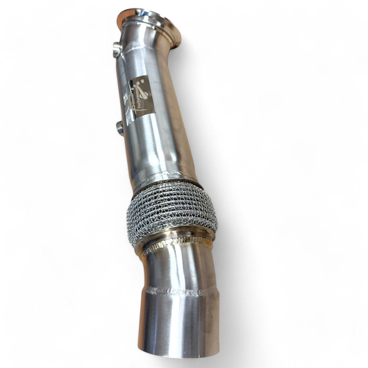 Stainless steel N55 downpipe for BMW 535i, 640i, 740i, X5, X6 F chassis by Palenon Performance, showing the pipe's detailed construction.